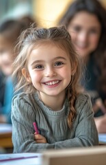 Happy girl drawing with friends in the classroom, teacher smiling and observing their work