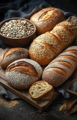 A selection of fresh bread and baguettes on a table with sunflower seeds bowl