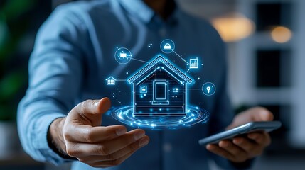 Naklejka premium A man uses his smartphone to control a smart home system, effortlessly managing technology with a touch.