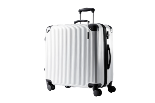 Stylish suitcase, full body centered, for traveling, isolated on white background, high-quality stock photograph, detailed texture of material, shadow casting beneath, high contrast, bright key light