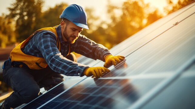 A technician positioning solar panels on a residential rooftop with a focus on renewable energy and clean technology