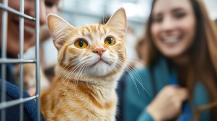 Emotional scene of a person adopting a cat at a bustling pet adoption fair with excited animals and supportive staff