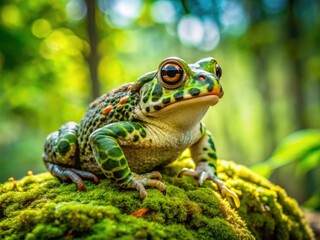 Fototapeta premium Vibrant green toad with warty skin and golden eyes perches on a moss-covered stone in a serene forest, surrounded by lush foliage and dappled light.