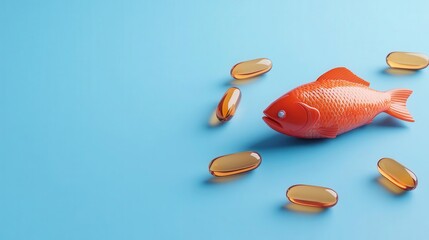 Fototapeta premium Omega-3 soft gels with fish oil droplets, underwater theme, 3D illustration