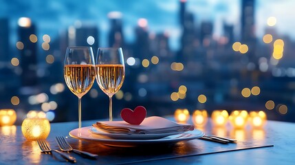 A table set for a romantic dinner date night, with wine glasses reflecting the glow of the city lights.