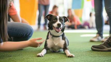 Person interacting with a playful dog at a pet adoption event filled with colorful banners and enthusiastic pet lovers