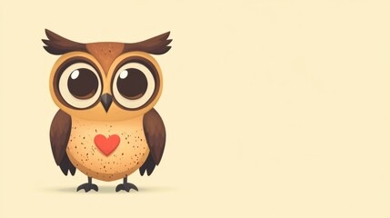 Obraz premium An owl cartoon character with heart-shaped eyes, isolated on a pastel yellow background.