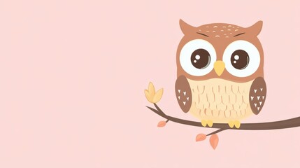 Fototapeta premium A friendly cartoon owl waving hello, perched on a branch, isolated on a pastel pink background.