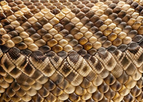 Vibrant, intricate pattern of a western diamondback rattlesnake's scales, featuring diamond-shaped markings with darker brown borders and cream-colored centers, on a rustic, textured background.