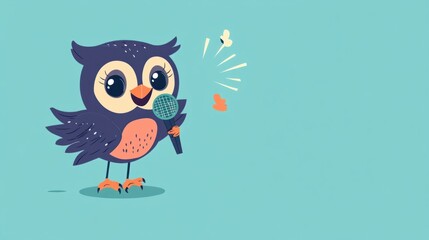 Obraz premium A funny cartoon owl holding a microphone, singing on a pastel blue background.