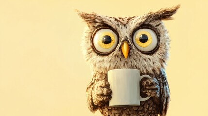Fototapeta premium A funny owl cartoon holding a coffee mug, eyes wide open, isolated on a pastel yellow background.
