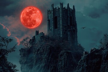 .Horror halloween haunted house in creepy night forest.
