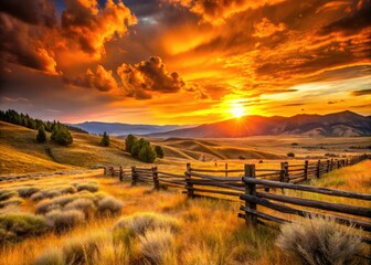 Fototapeta premium Vibrant orange sunset casts a warm glow on rusty old wooden fences, vast open ranges, and rolling hills of a quintessential American Wild West landscape.