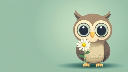 Obraz premium A happy baby owl cartoon holding a flower, sitting on a pastel green background.