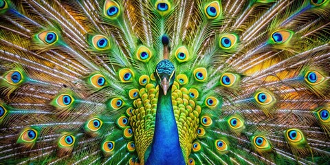 Obraz premium Vibrant peacock feathers spread wide, displaying a stunning spectrum of blues, greens, and golds, with intricate eye-like patterns shimmering in the light.