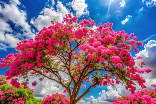 Vibrant pink flowers bloom on the iconic Mexican tree of life, Arbol de Pirul, against a bright blue sky with puffy white clouds.