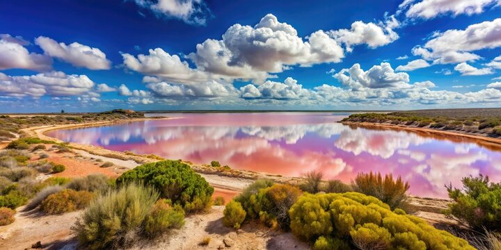 Vibrant pink saltwater lake surrounded by rocky shoreline and scrubby vegetation under a bright blue sky with wispy white clouds in western Australia's Geraldton region.