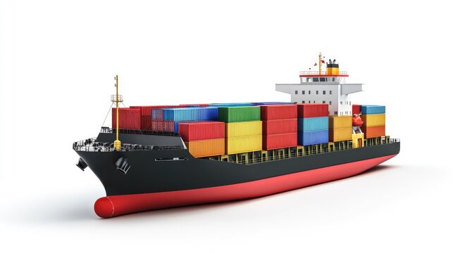 Container ship with cargo, future of logistics, isolated on white background