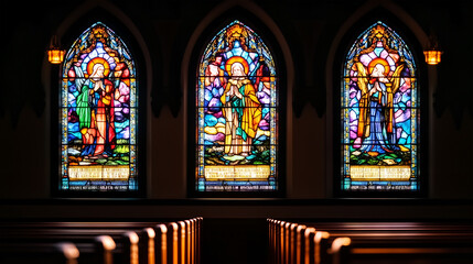 Stained glass windows illuminating the interior of a historic church during evening service