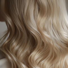 Detailed close-up of soft, wavy blonde hair with a smooth, glossy texture, showcasing natural waves and healthy shine.