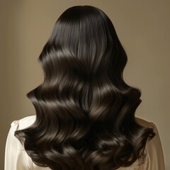 Fototapeta premium Back view of glossy black wavy hair with voluminous, soft curls, showcasing a smooth texture and healthy shine in a neutral setting.