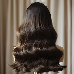 Fototapeta premium Back view of long wavy dark brown hair featuring soft, glossy curls, displayed in a neutral setting with smooth texture and natural shine.
