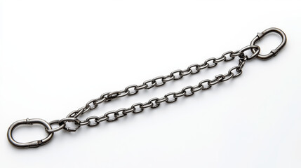A metal chain, designed for a keychain, with clasps on both ends, isolated against a white backdrop.