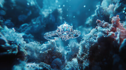 Fototapeta premium A stunning diamond ring floats gracefully in surreal underwater scene, surrounded by vibrant coral and shimmering bubbles, creating magical and enchanting atmosphere