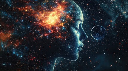 a human, with visible brain from the inside, brain is actually planet earth, stars and planets affecting planet earth (human brain),