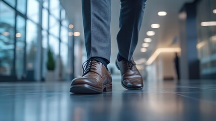 Fototapeta premium Close-Up of Businessman's Shoes and Pant Leg Walking in Office Building, Golden Hour Lighting
