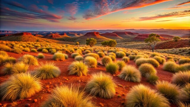 Vibrant sunset illuminates the rust-red landscape of Western Australia's Pilbara region, with towering spinifex grass and vast, rugged outback terrain stretching towards the distant horizon.