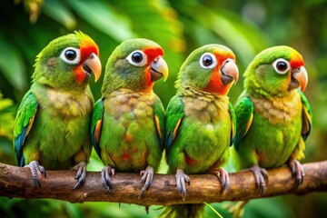 Fototapeta premium Vibrant, tiny parrots with bright green feathers and delicate beaks perch on a branch, their large, expressive eyes shining with curiosity in the lush jungle habitat.