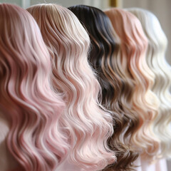 Naklejka premium A row of wavy wigs in pastel shades including pink, blonde, and brown, displayed in a salon with soft lighting and glossy texture.