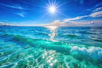 Obraz premium Vibrant turquoise ocean waves gently ripple and shimmer in the sunlight, creating a serene and calming atmosphere against a clear blue sky water background.