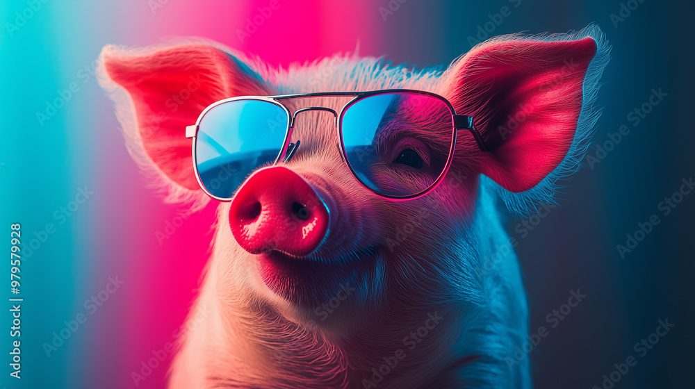 Wall mural funny pig with sunglasses in front of a colorful neon background