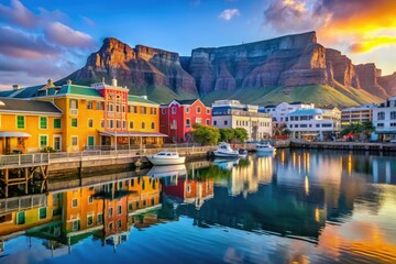 Vibrant waterfront scene at De Waterkant, Cape Town, with colorful buildings, bustling streets, and majestic Table Mountain backdrop, showcasing urban charm and natural beauty.