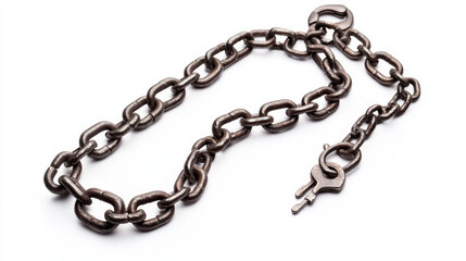 A metal chain, designed for a keychain, with clasps on both ends, isolated against a white backdrop.