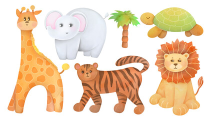 Naklejka premium children's cute animal set, elephants, lions, giraffes, turtles, tigers and palm tree hand drawn watercolor illustrations collection isolated. African tropical forest animals