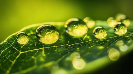  dew droplets resting on a vibrant green leaf.