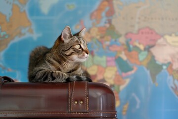 Curious cat on suitcase against world map background. AI