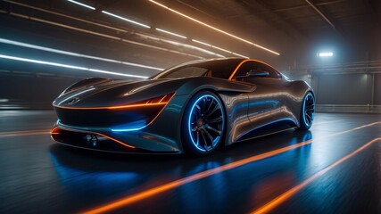 Obraz premium Futuristic sports car with neon accents in high-tech setting