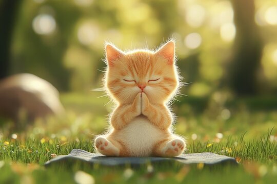 Adorable orange kitten meditating in sunlit garden. AI