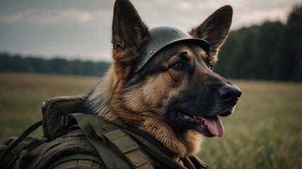 German shepherd in profile wearing a soldier's helmet