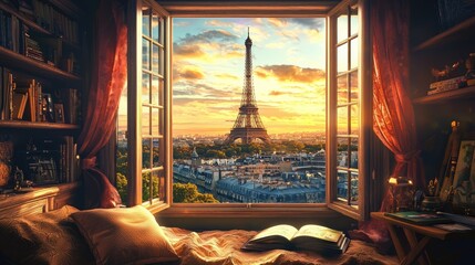 A overlooking view from high biuiding to the Eiffel Tower at golden sunset, the romantic cityscape view outside the window. A cozy reading nook 
