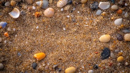 A macro shot of fine sand grains on a beach, with a few small seashells scattered around. 