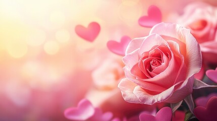 Banner Of Soft Pink Rose With Heart Shaped Petals On Romantic Background - Valentine's Day Concept with generative ai