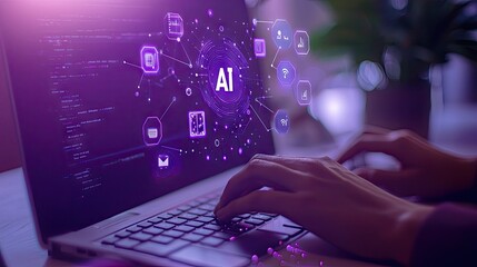 A person is typing on a keyboard with AI icons floating above, symbolizing the integration of artificial intelligence in business and technology. text 'AI' at the top center