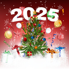 Christmas tree decoration celebrate 2025 on winter background
