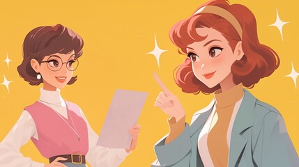 Two Cartoon Illustrations of Women in Anime Style: One with Pink Top Holding Paper and Smiling, the Other in Blue Jacket Pointing to Stars, Minimalist Design with Copy Space

