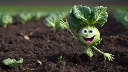 A tiny cabbage sprout just emerging from the ground, with little leafy arms reaching up to the sky. She has wide, innocent eyes and a huge smile as she celebrates her new growth.